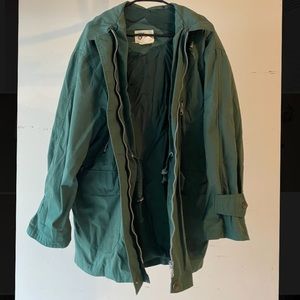 forest green rain jacket w/ striped hood